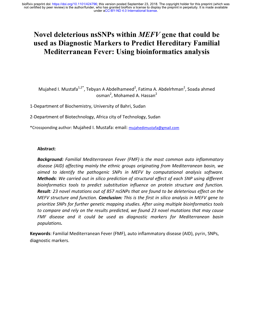 Novel Deleterious Nssnps Within MEFV Gene That Could Be Used As Diagnostic Markers to Predict Hereditary Familial Mediterranean Fever: Using Bioinformatics Analysis