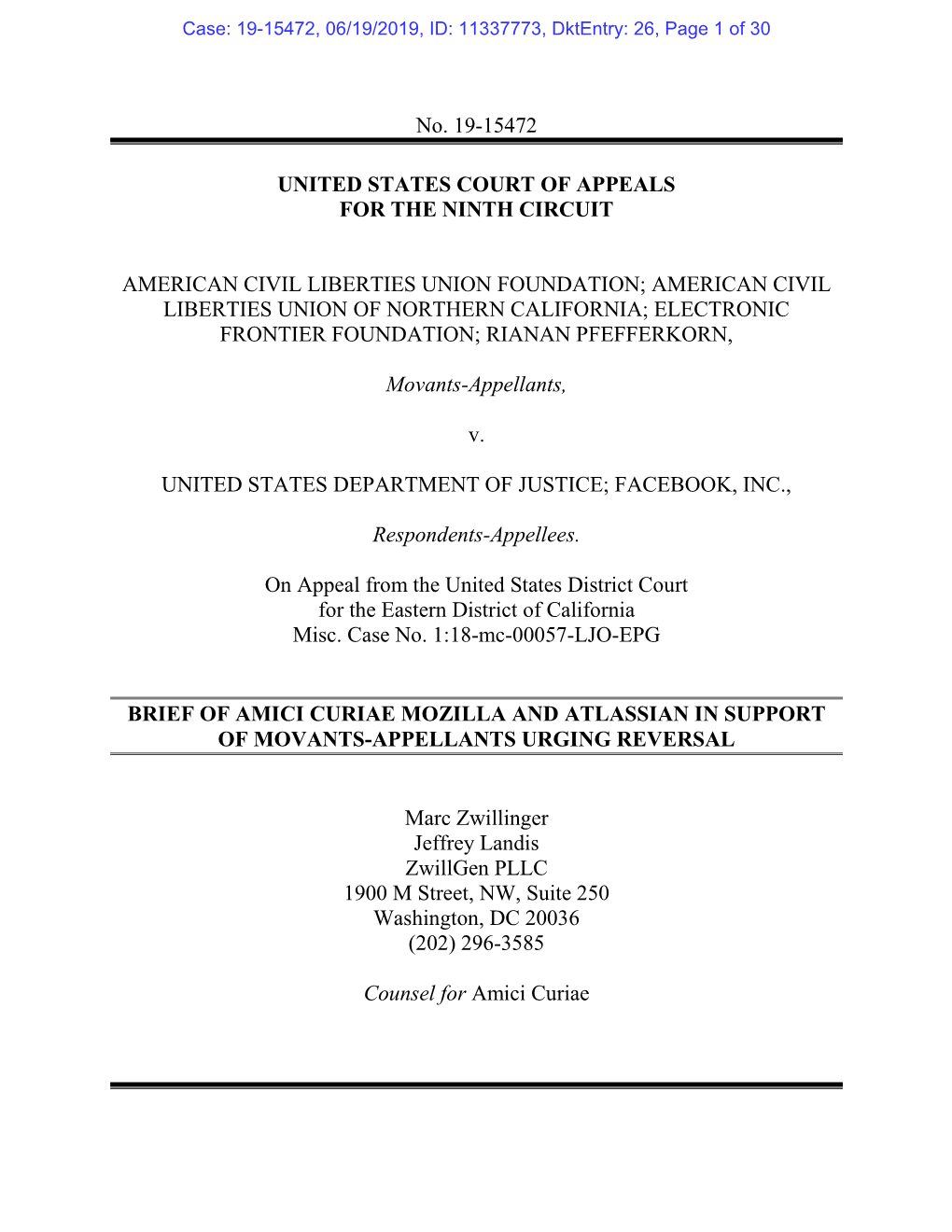 No. 19-15472 UNITED STATES COURT of APPEALS for THE