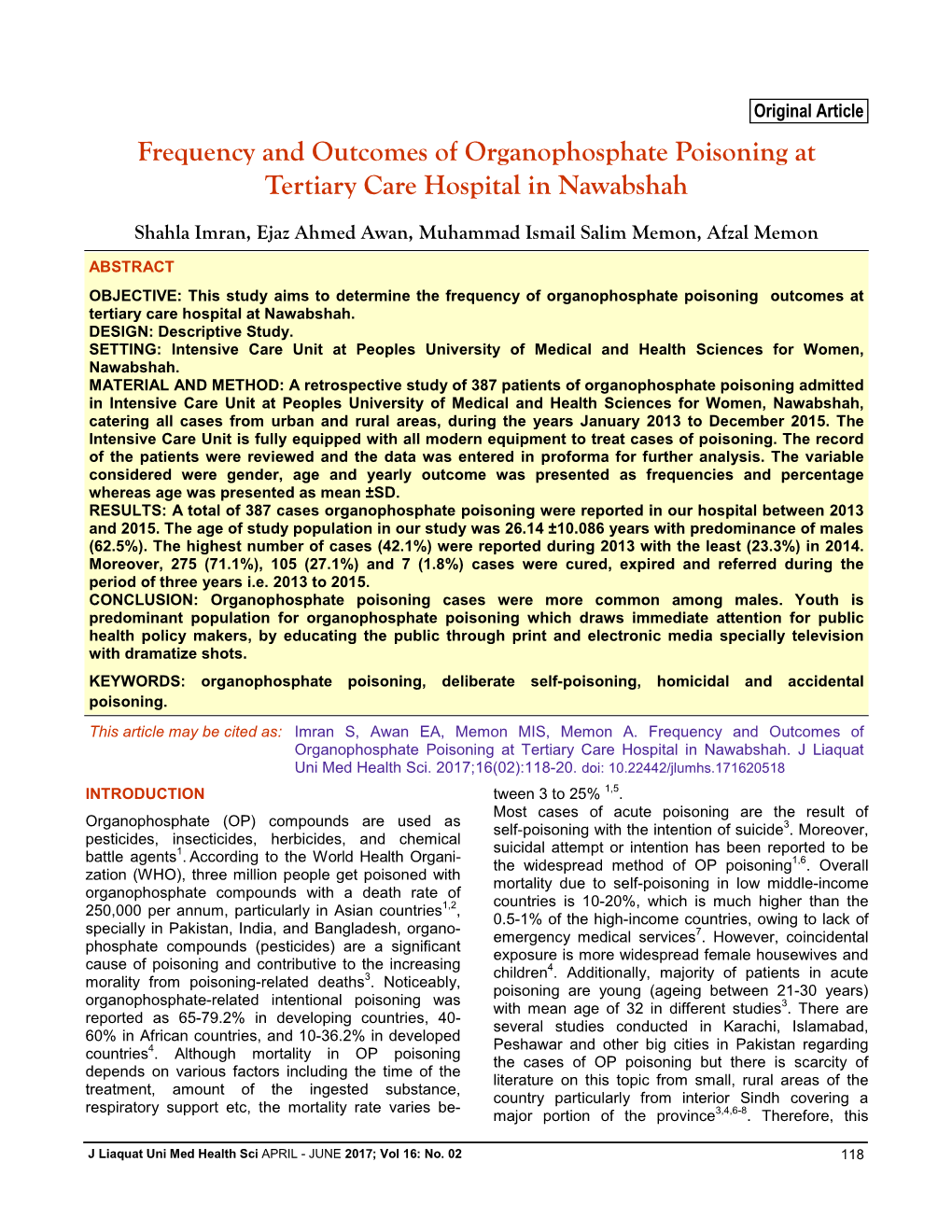 Frequency and Outcomes of Organophosphate Poisoning at Tertiary Care Hospital in Nawabshah