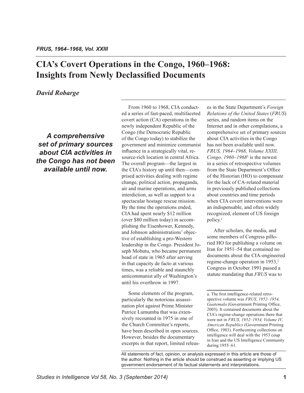 CIA's Covert Operations in the Congo, 1960–1968