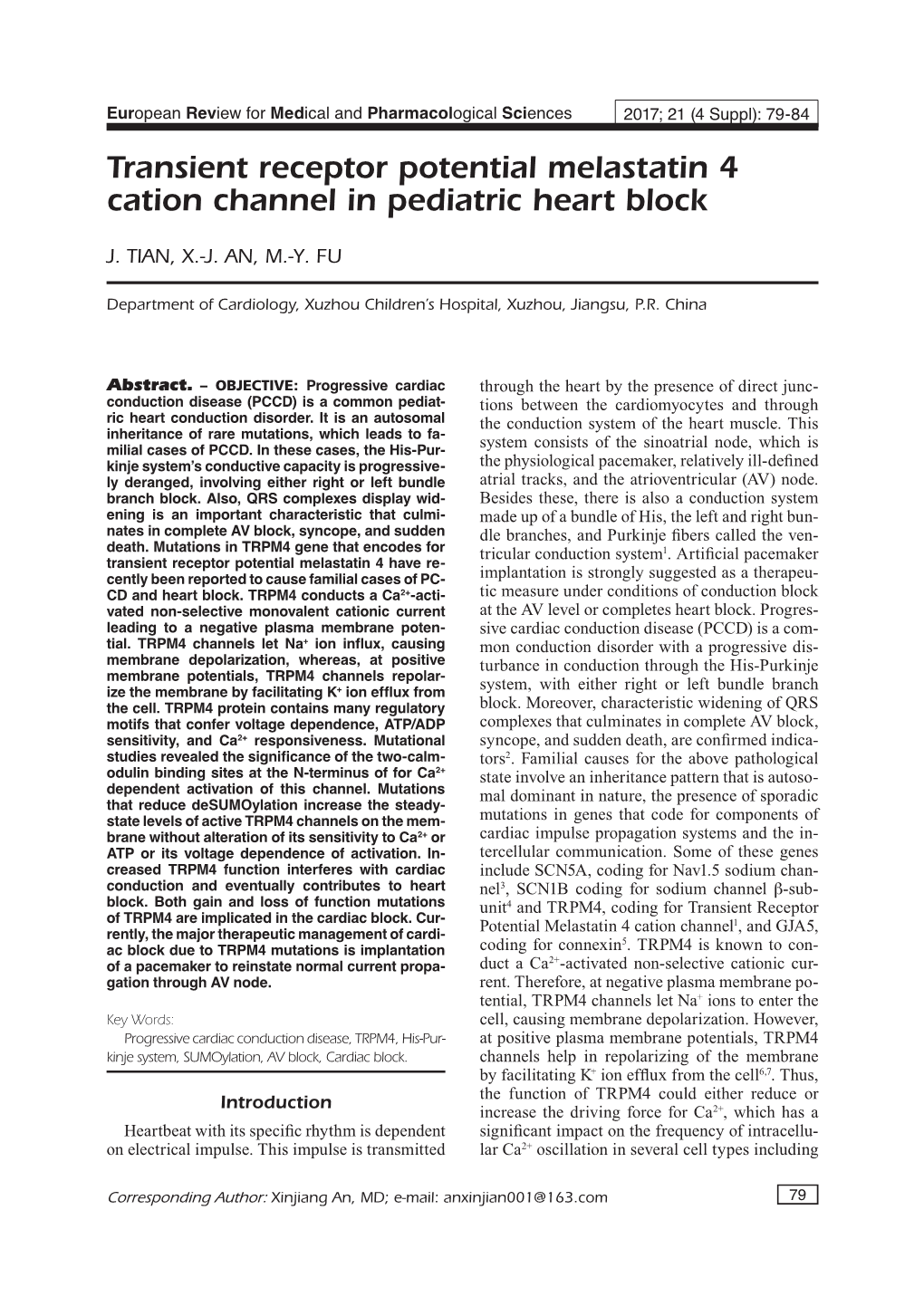 Transient Receptor Potential Melastatin 4 Cation Channel in Pediatric Heart Block