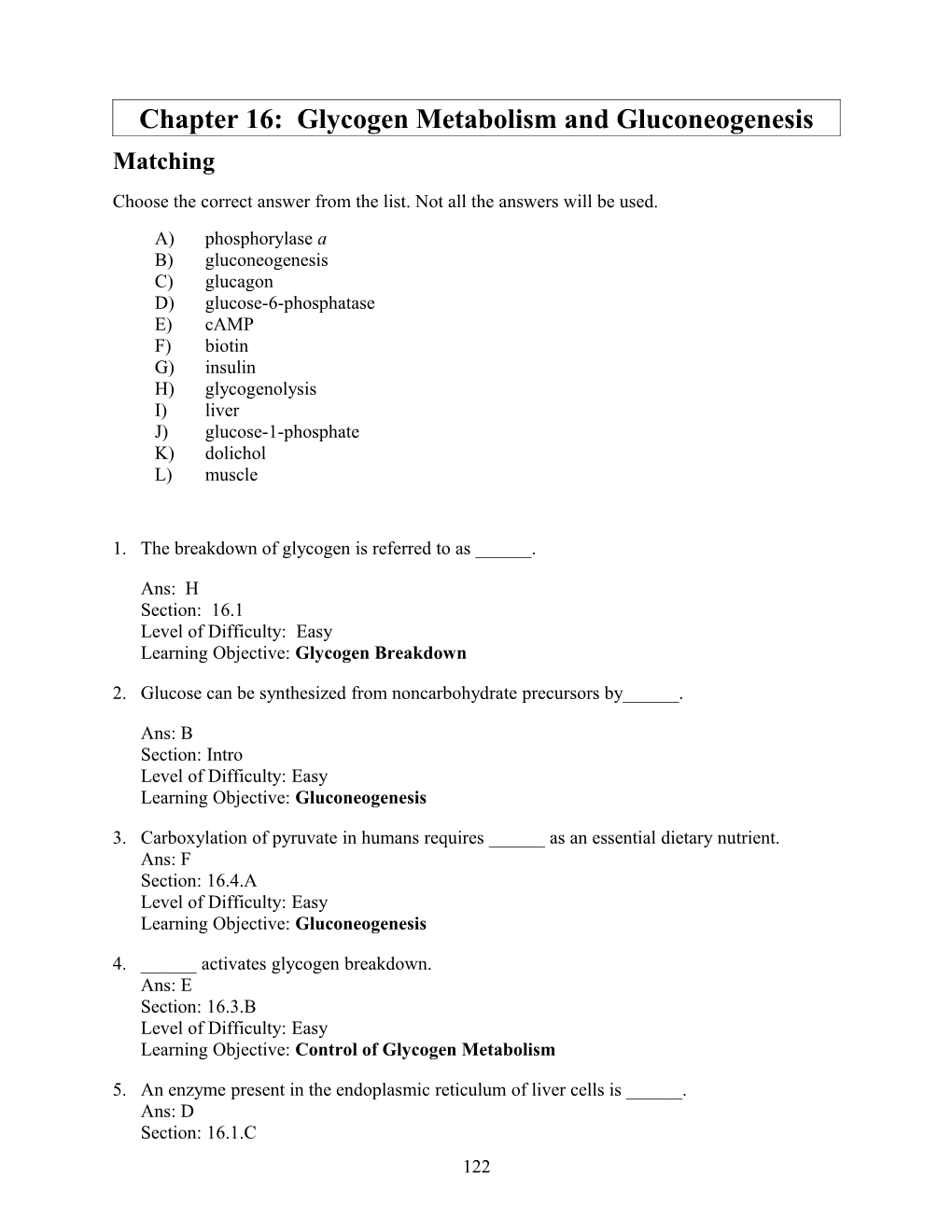 Chapter 16: Glycogen Metabolism and Gluconeogenesis