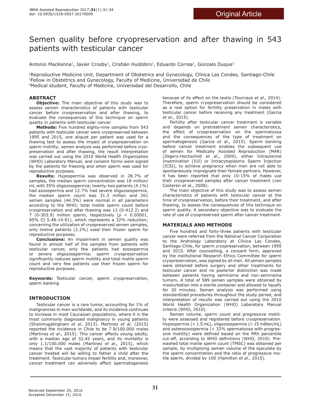 Semen Quality Before Cryopreservation and After Thawing in 543 Patients with Testicular Cancer