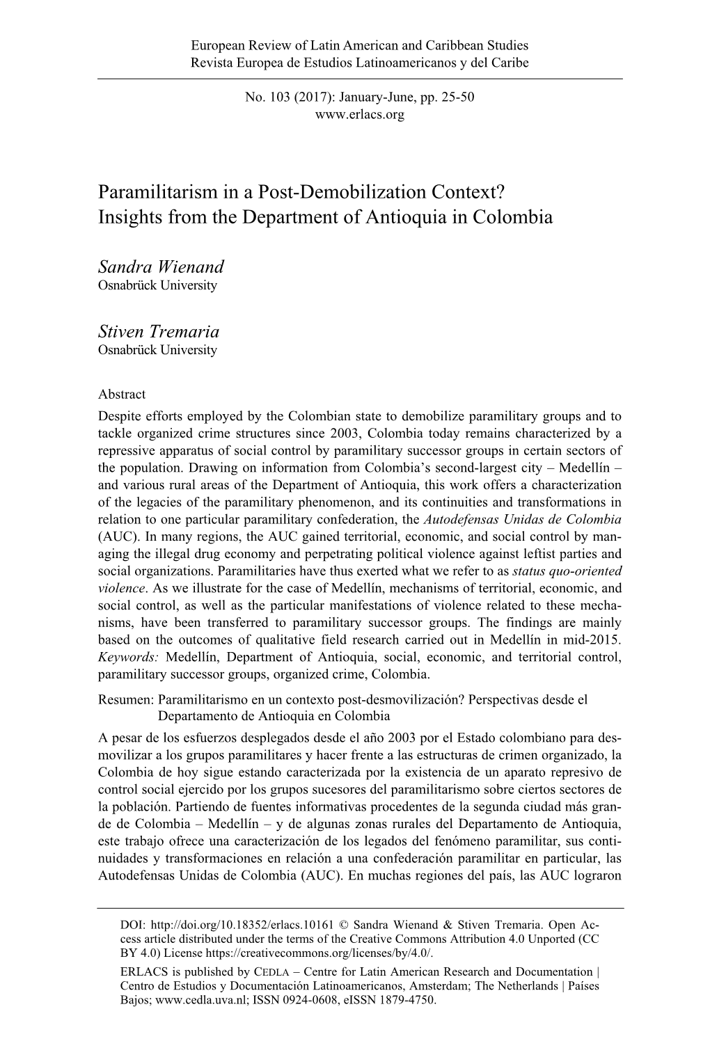 Paramilitarism in a Post-Demobilization Context? Insights from the Department of Antioquia in Colombia