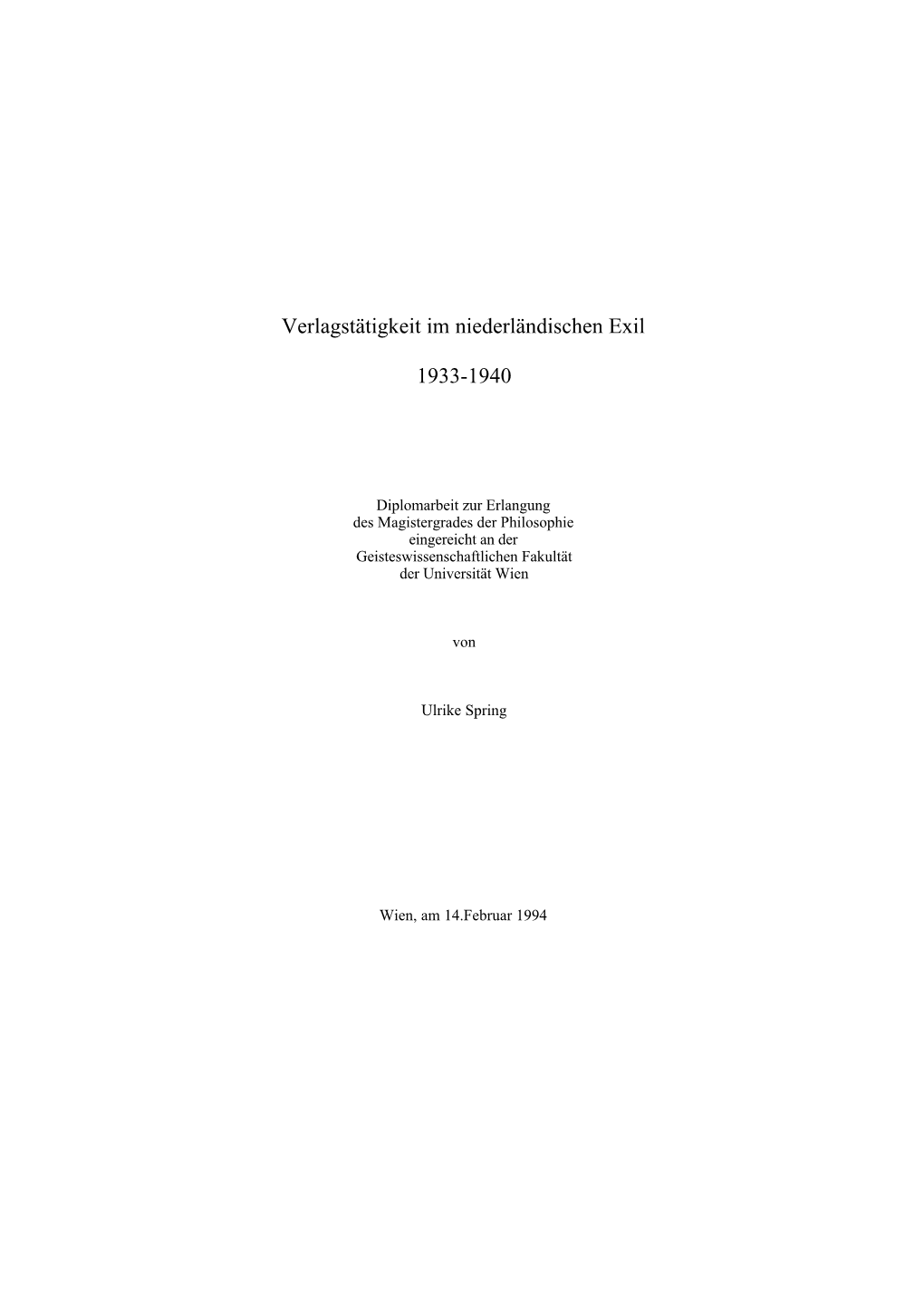 Verlagstätigkeit Im Niederländischen Exil 1933-1940