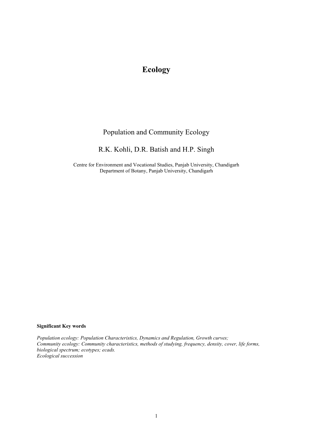 Population and Community Ecology RK Kohli, DR Batish and HP Singh