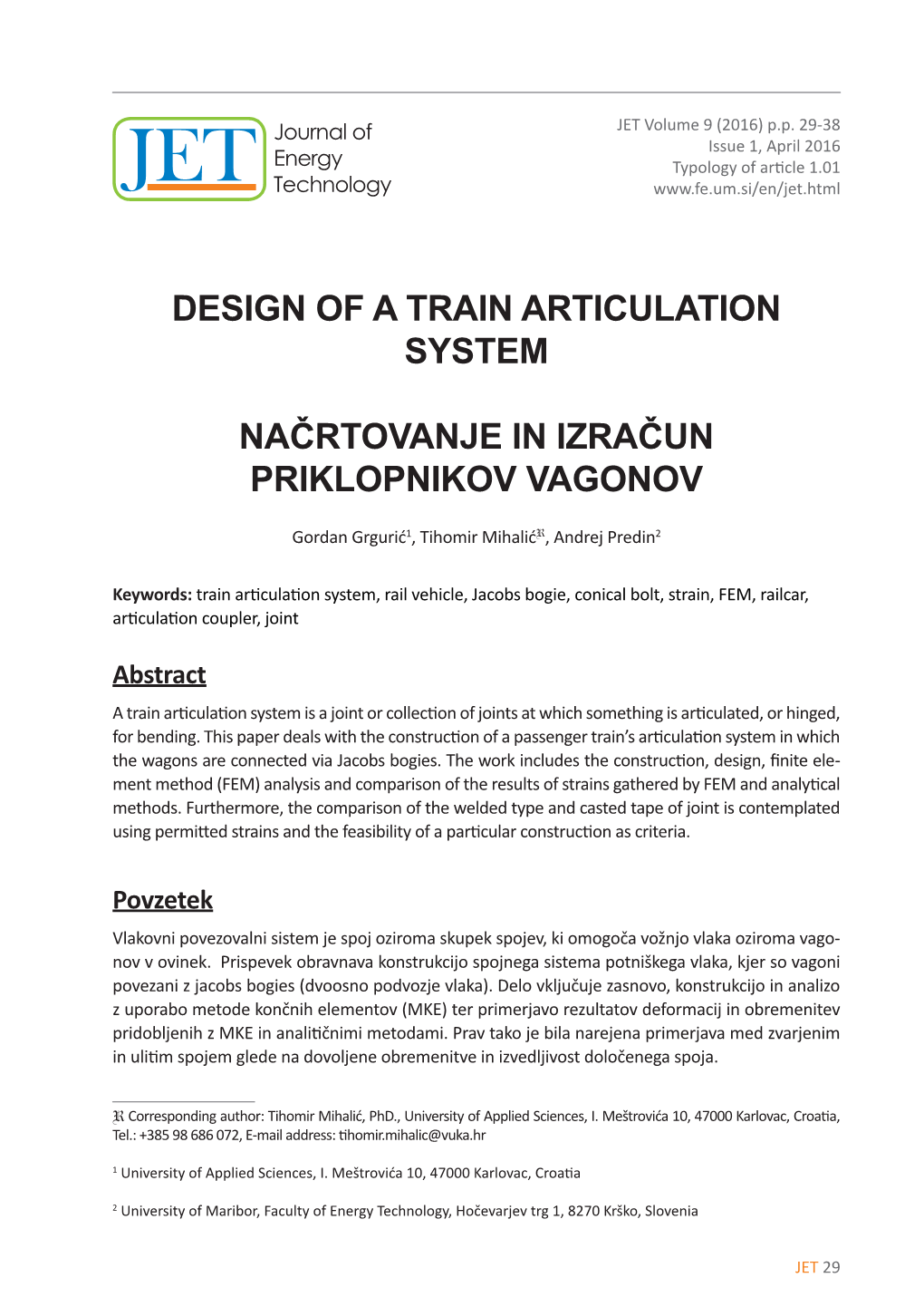 Design of a Train Articulation System Načrtovanje In