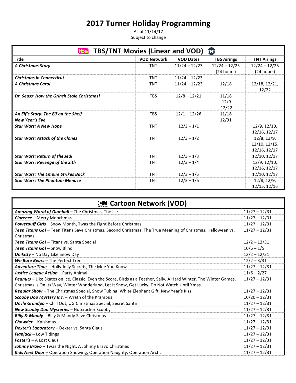 2017 Turner Holiday Programming 111417