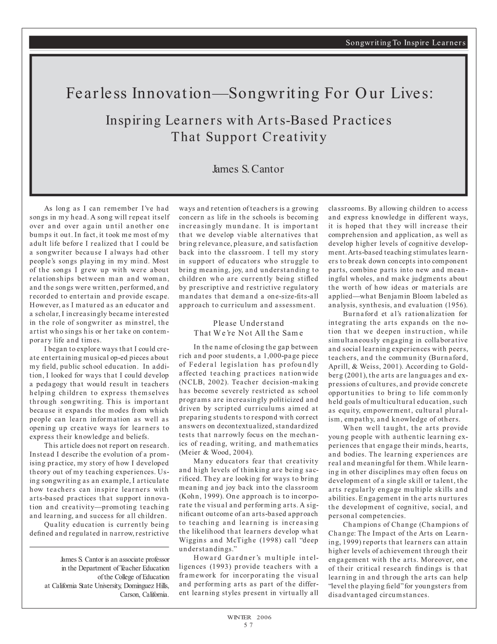 Fearless Innovation—Songwriting for Our Lives: Inspiring Learners with Arts-Based Practices That Support Creativity