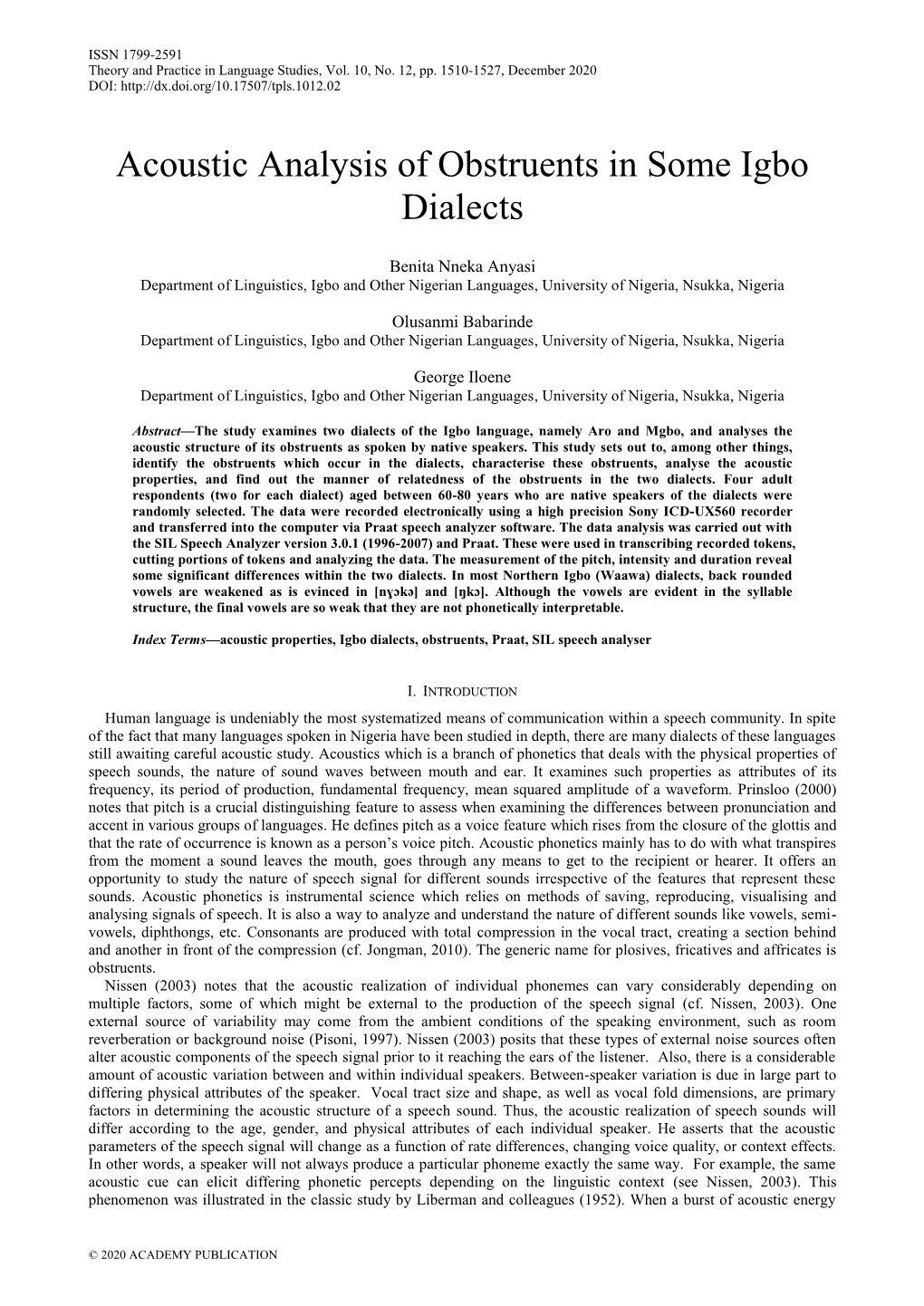 Acoustic Analysis of Obstruents in Some Igbo Dialects