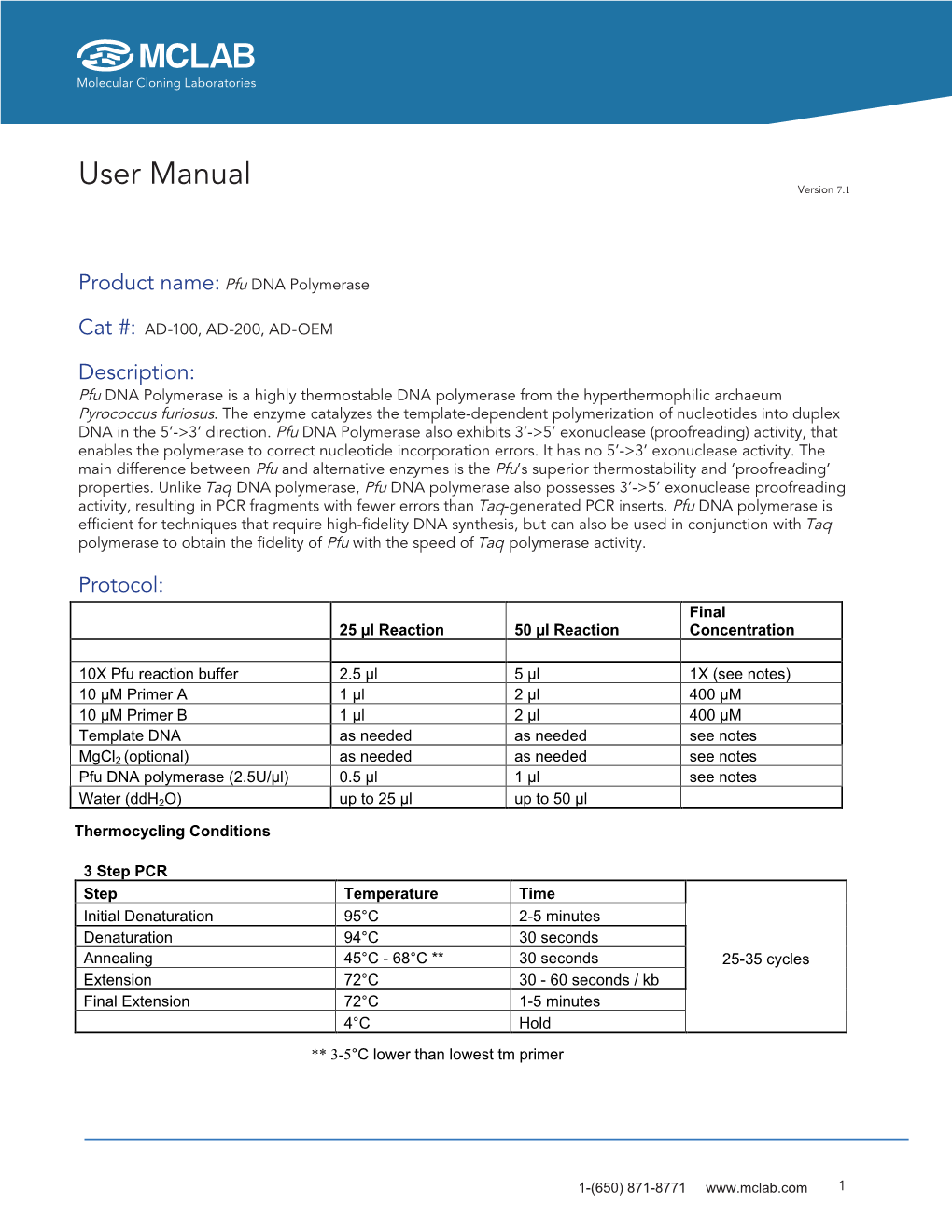 Pfu DNA Polymerase Manual V7.1