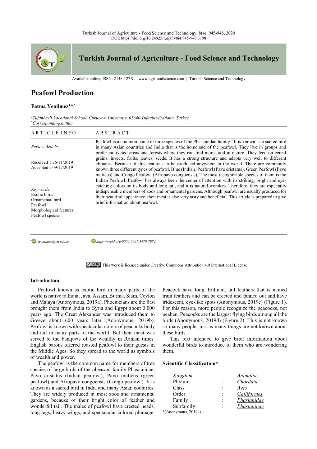 Turkish Journal of Agriculture - Food Science and Technology, 8(4): 945-948, 2020 DOI