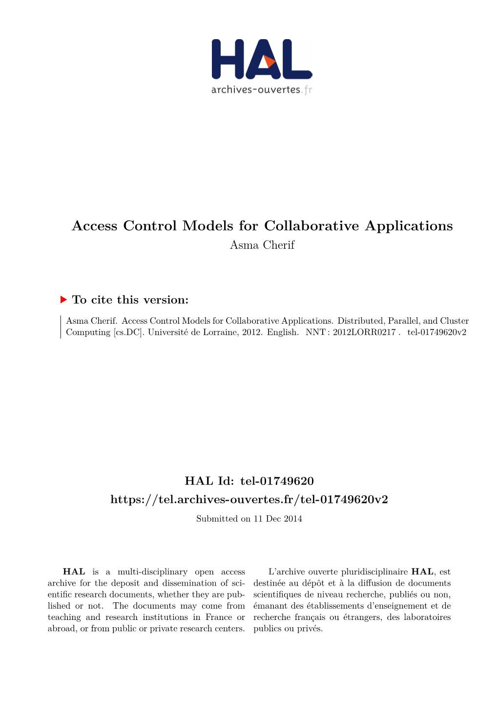 Access Control Models for Collaborative Applications Asma Cherif