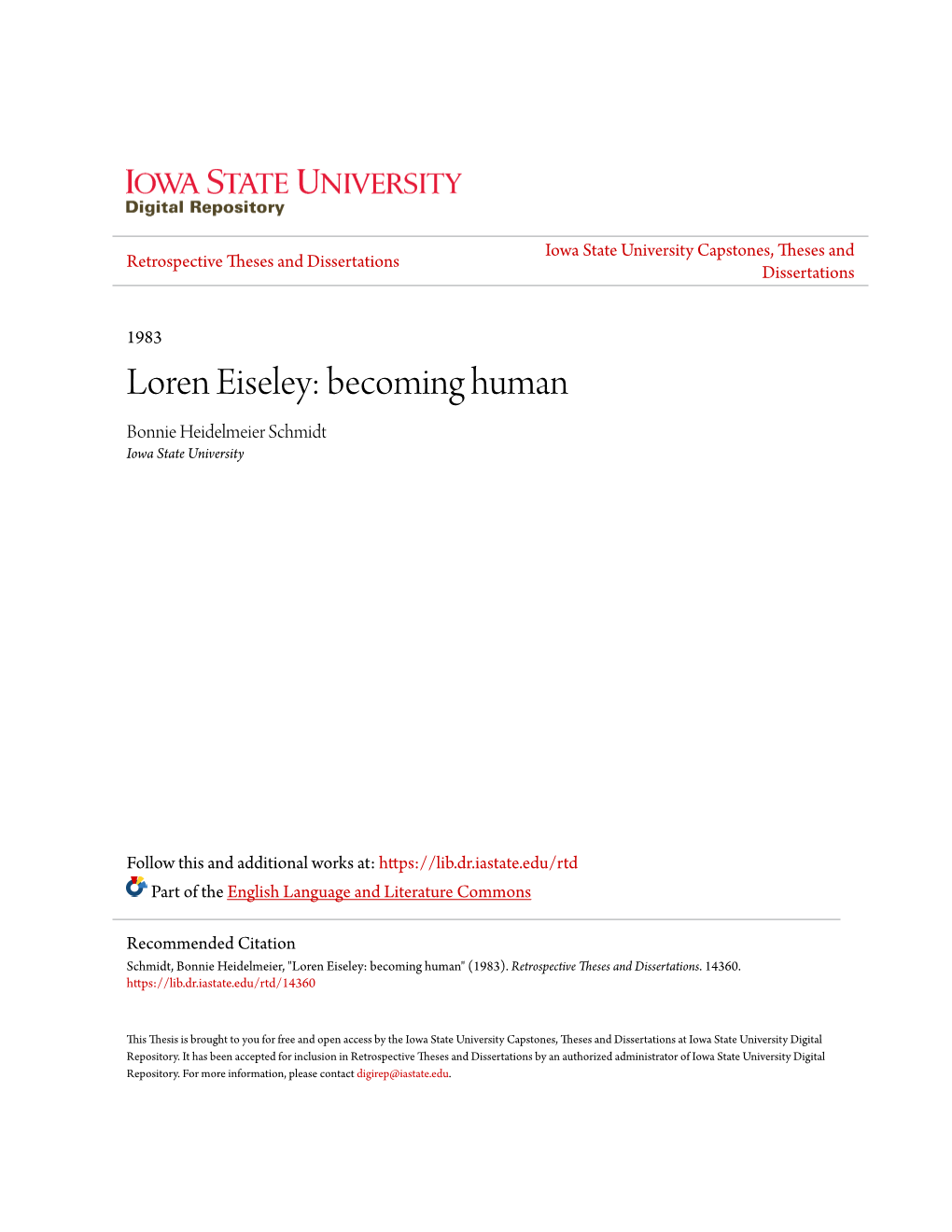 Loren Eiseley: Becoming Human Bonnie Heidelmeier Schmidt Iowa State University