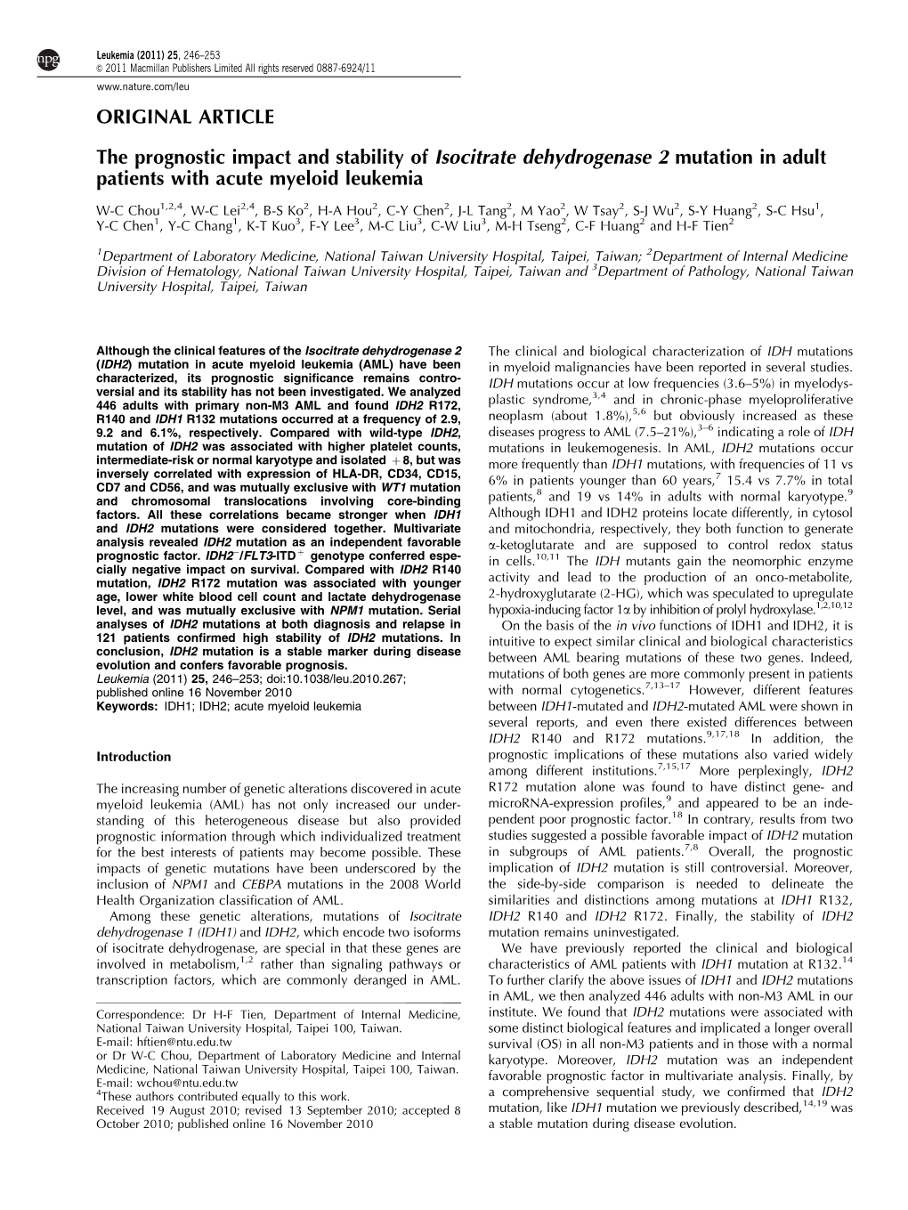 The Prognostic Impact and Stability of Isocitrate Dehydrogenase 2 Mutation in Adult Patients with Acute Myeloid Leukemia