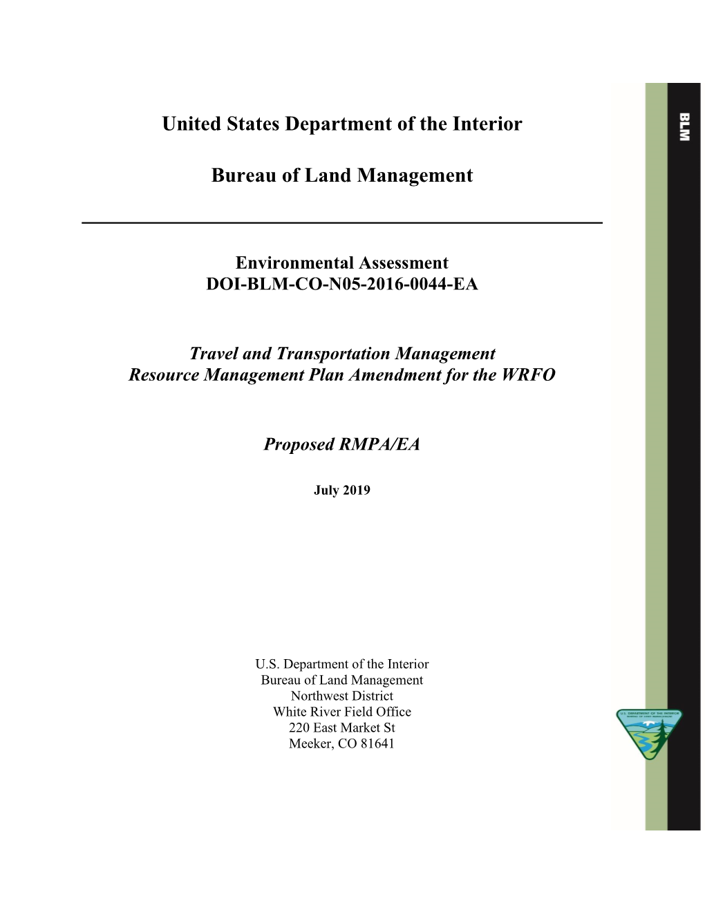 United States Department of the Interior Bureau of Land Management