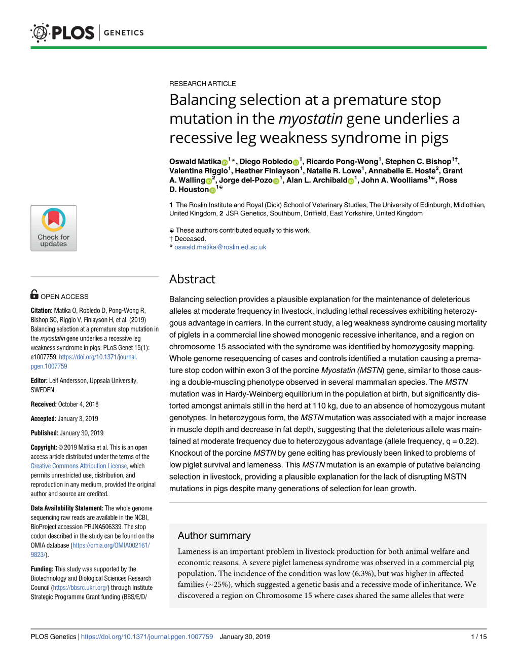 Balancing Selection at a Premature Stop Mutation in the Myostatin Gene Underlies a Recessive Leg Weakness Syndrome in Pigs