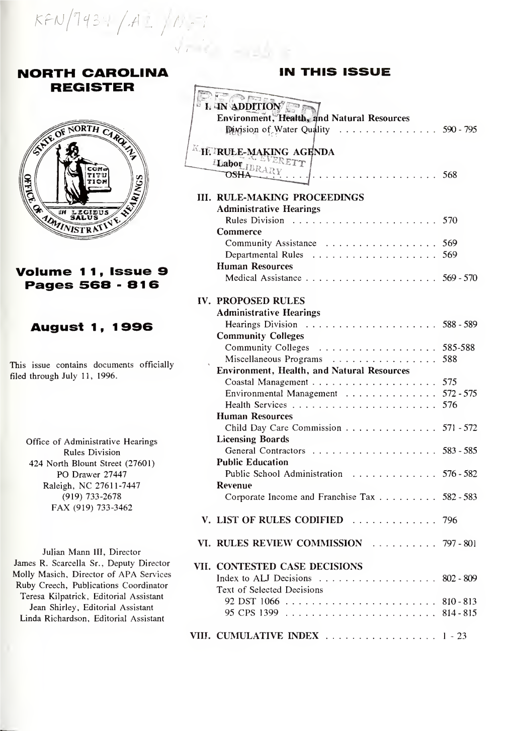 NORTH CAROLINA REGISTER August 1, 1996 568 RULE-MAKING PROCEEDINGS