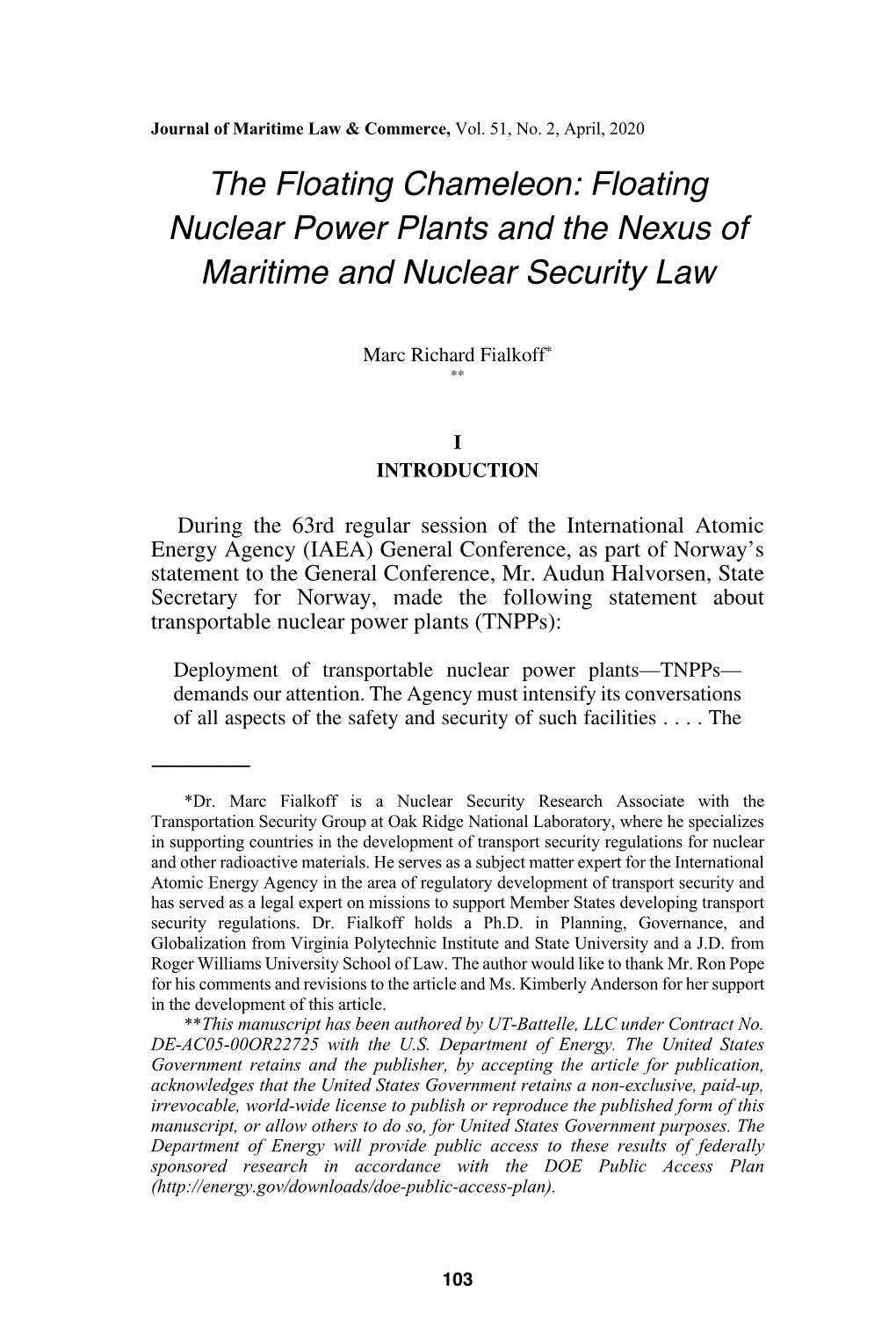 Floating Nuclear Power Plants and the Nexus of Maritime and Nuclear Security Law