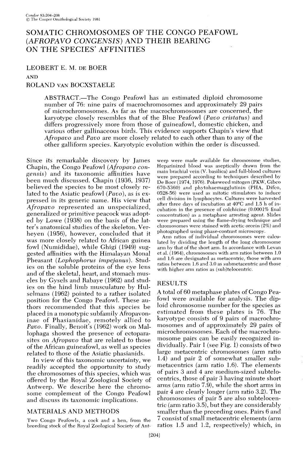 Somatic Chromosomes of the Congo Peafowl (Afropavo Congensis) and Their Bearing on the Speices' Affinities