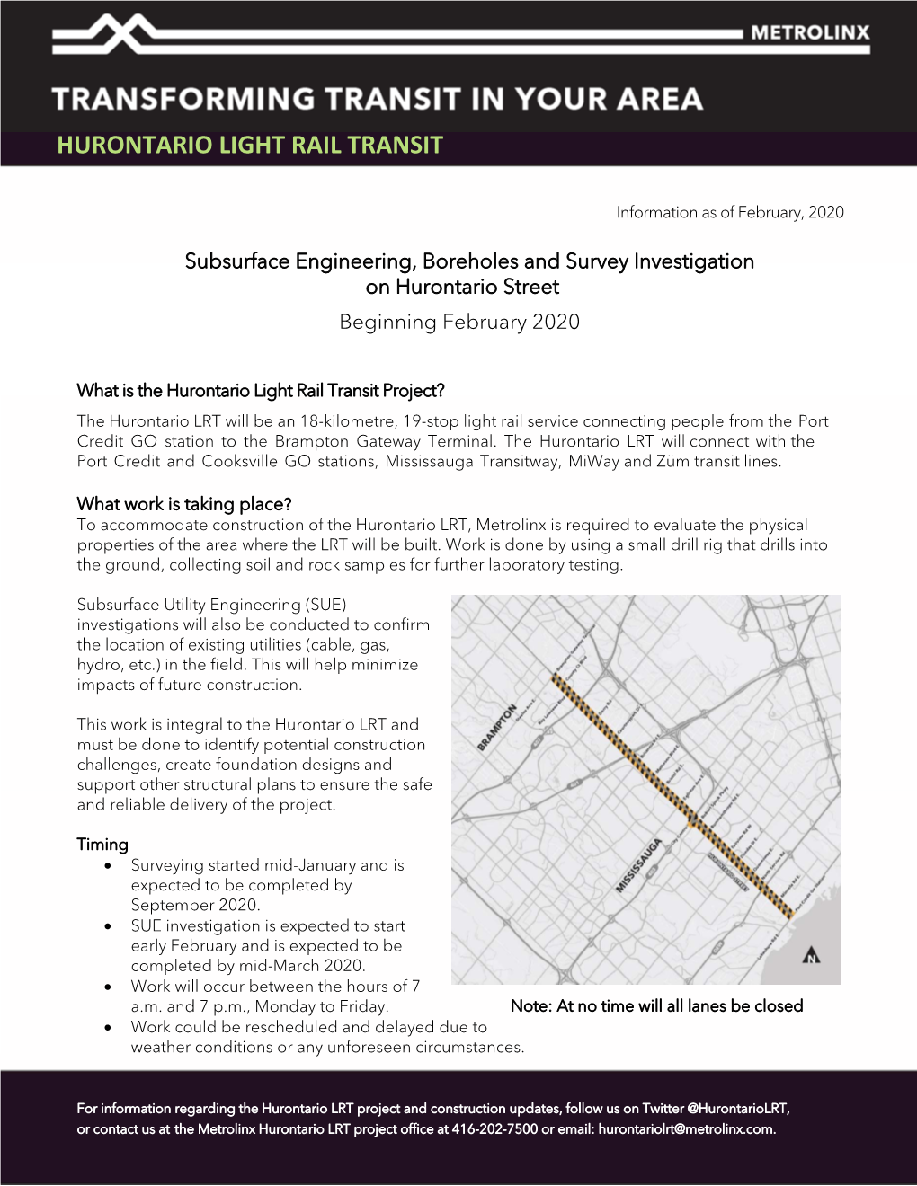 Subsurface Engineering, Boreholes and Survey Investigation on Hurontario Street Beginning February 2020