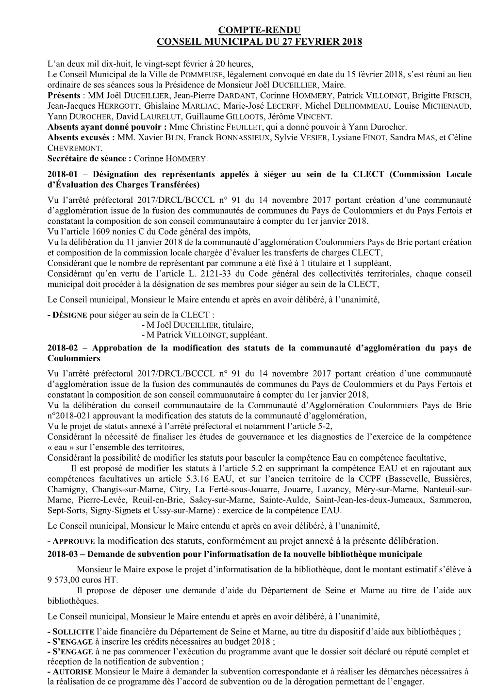 Compte-Rendu Conseil Municipal Du 27 Fevrier 2018