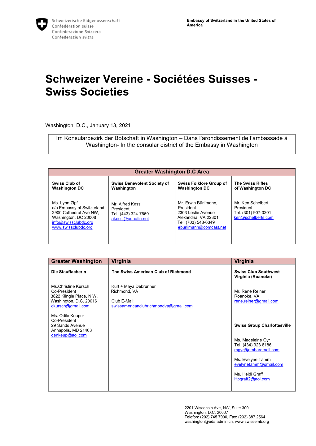 Schweizer Vereine - Sociétées Suisses - Swiss Societies