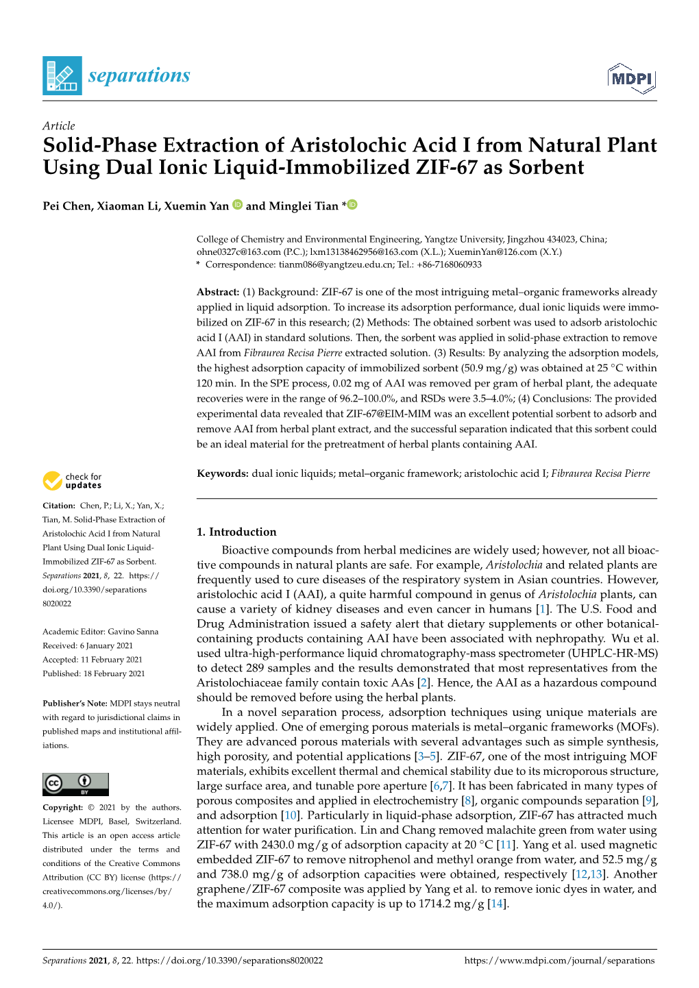 Solid-Phase Extraction of Aristolochic Acid I from Natural Plant Using Dual Ionic Liquid-Immobilized ZIF-67 As Sorbent