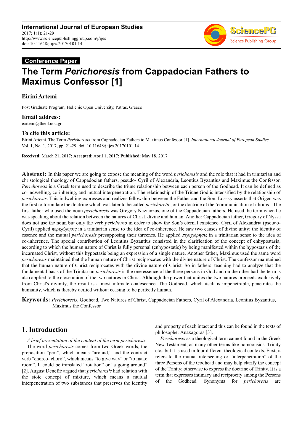 The Term Perichoresis from Cappadocian Fathers to Maximus Confessor [1]