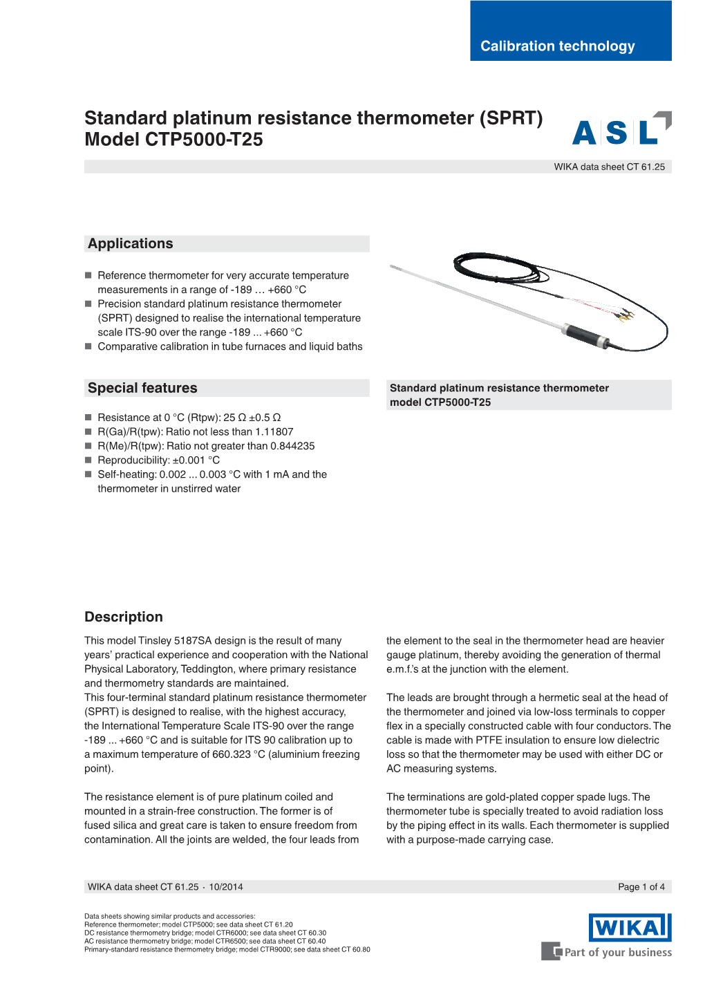 Standard Platinum Resistance Thermometer (SPRT) Model CTP5000-T25 WIKA Data Sheet CT 61.25