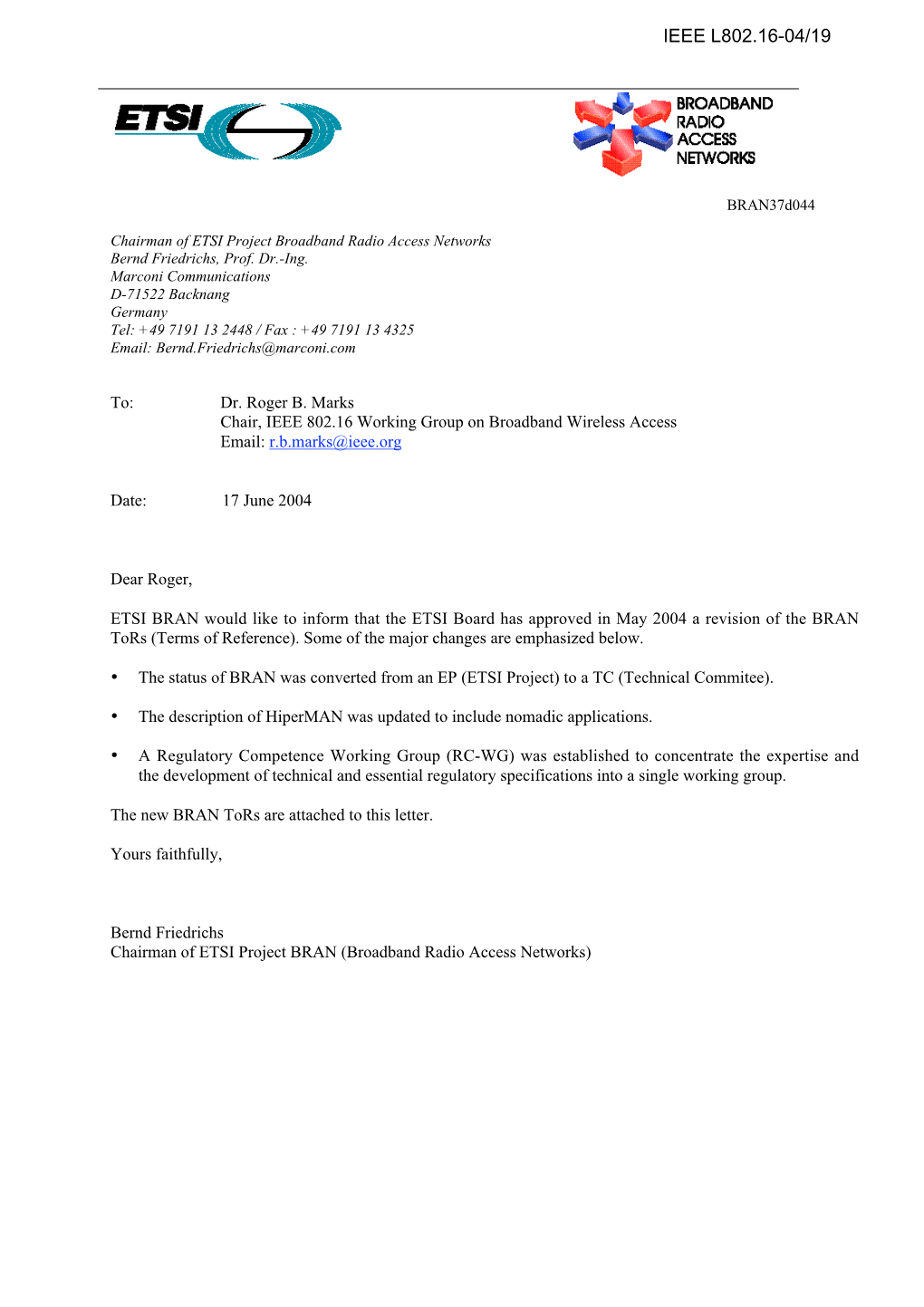 Liaison Letter from ETSI BRAN of 17 June 2004