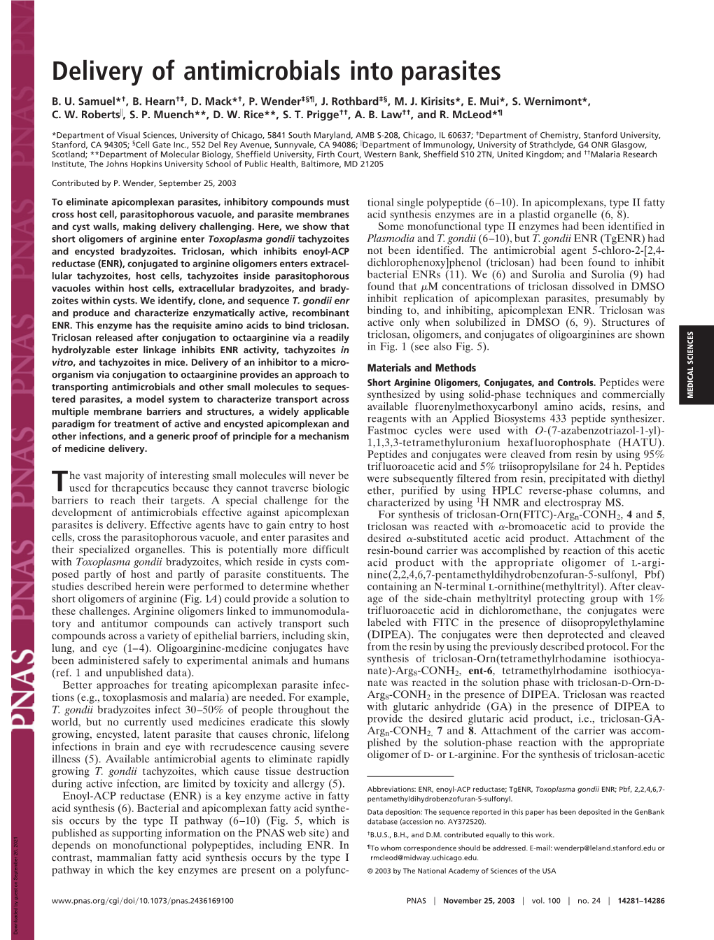 Delivery of Antimicrobials Into Parasites