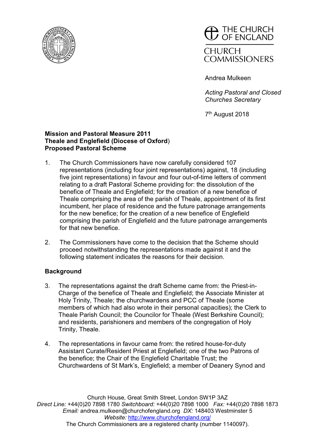 Mission and Pastoral Measure 2011 Theale and Englefield (Diocese of Oxford) Proposed Pastoral Scheme