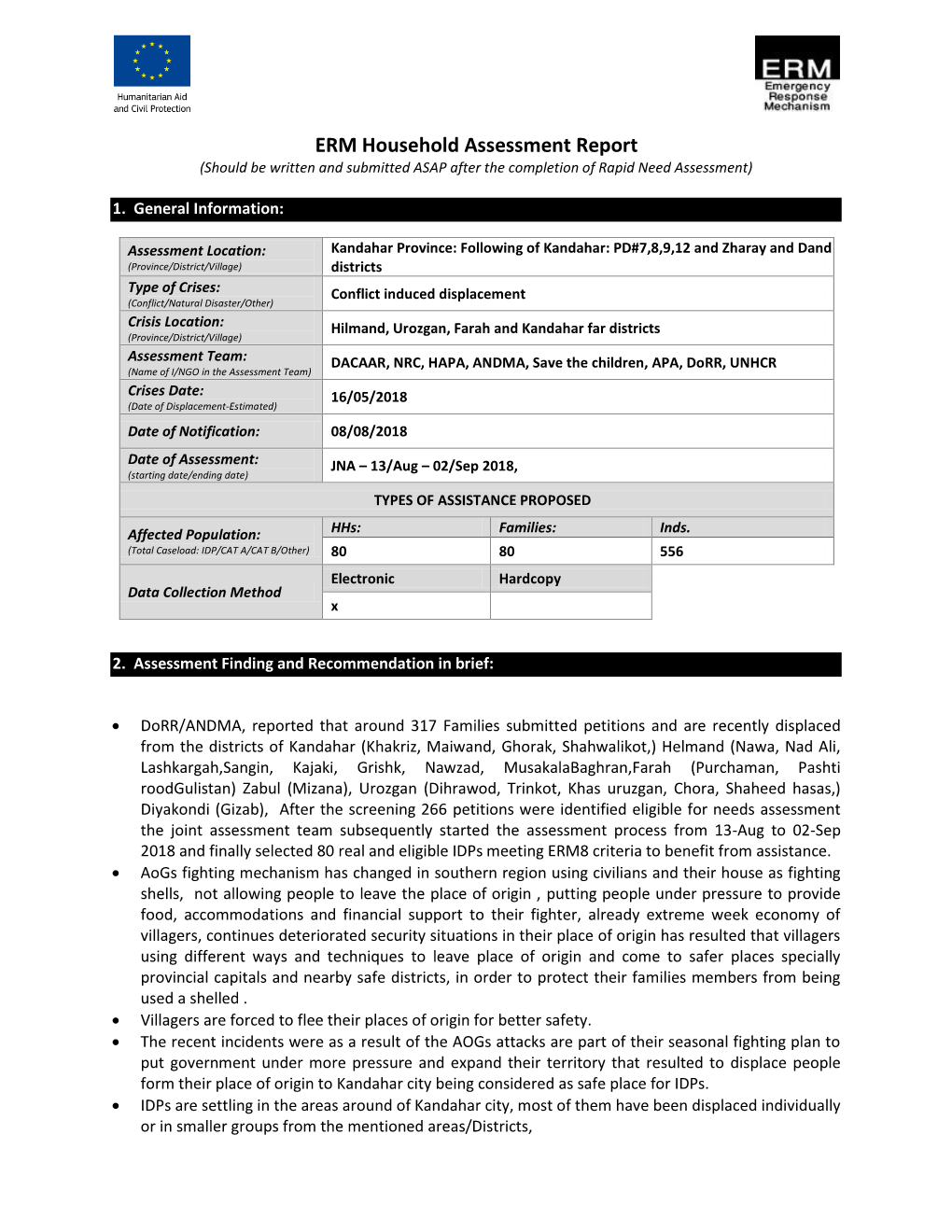 ERM Household Assessment Report (Should Be Written and Submitted ASAP After the Completion of Rapid Need Assessment)