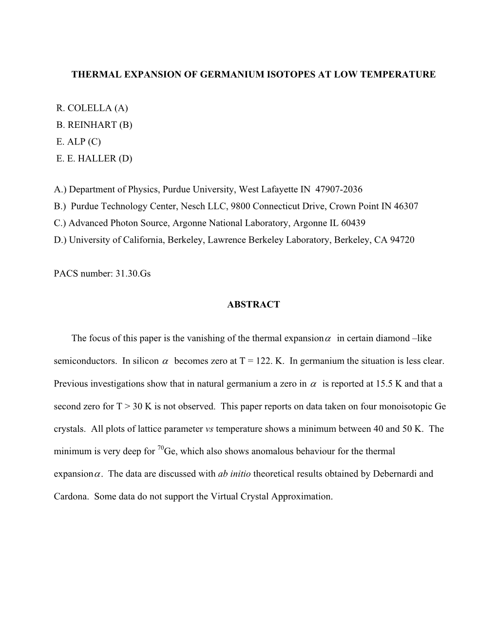 Thermal Expansion of Germanium Isotopes at Low Temperature