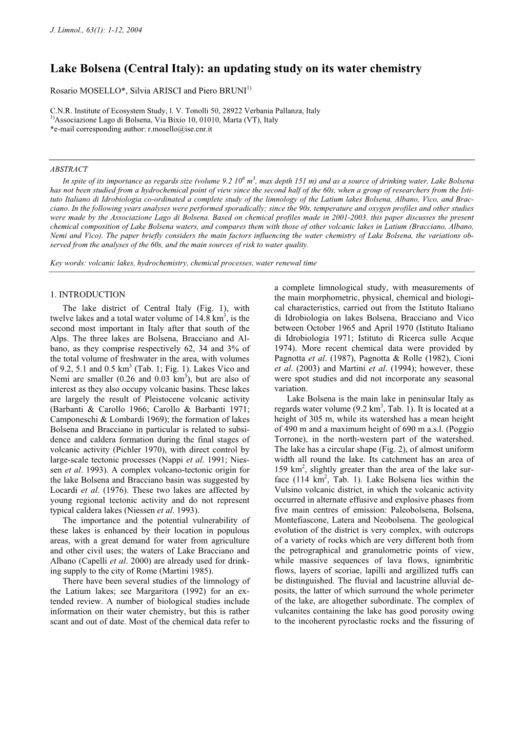 Lake Bolsena (Central Italy): an Updating Study on Its Water Chemistry