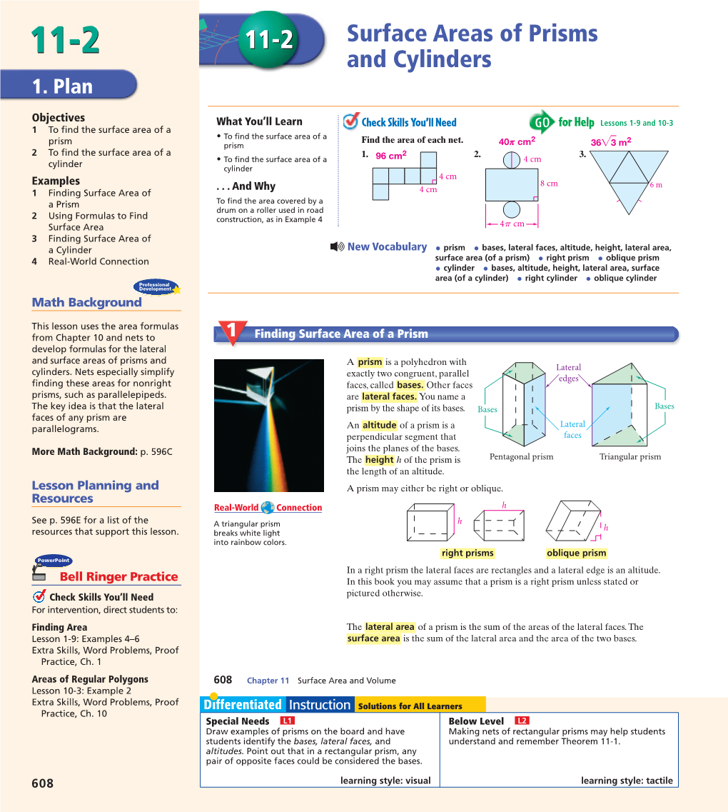 Surface Areas of Prisms and Cylinders 609