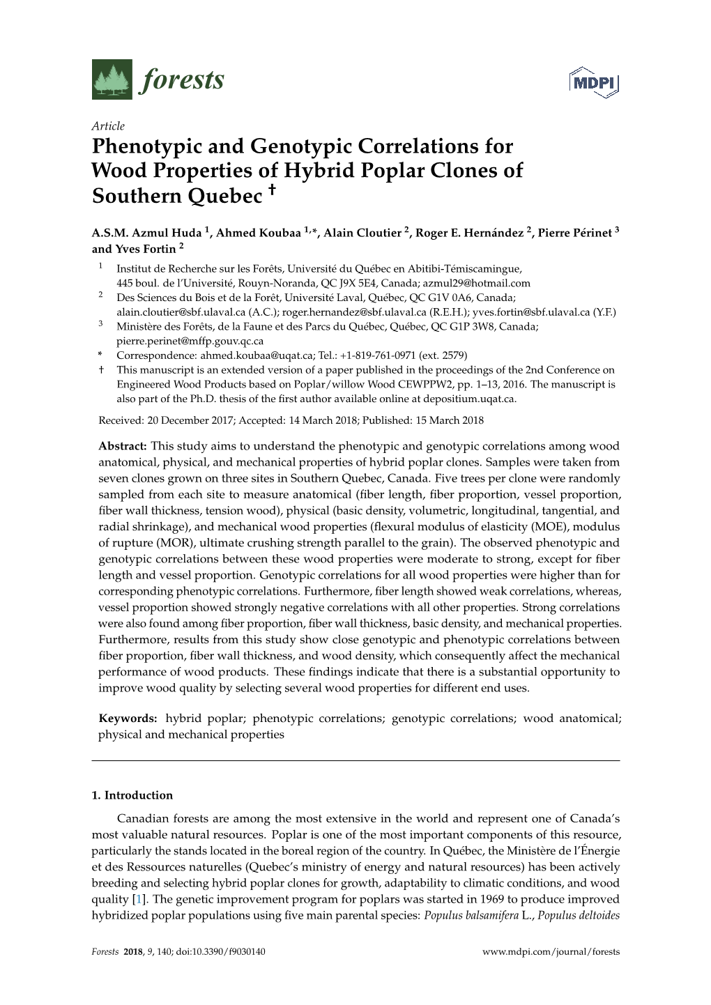 Phenotypic and Genotypic Correlations for Wood Properties of Hybrid Poplar Clones of Southern Quebec †