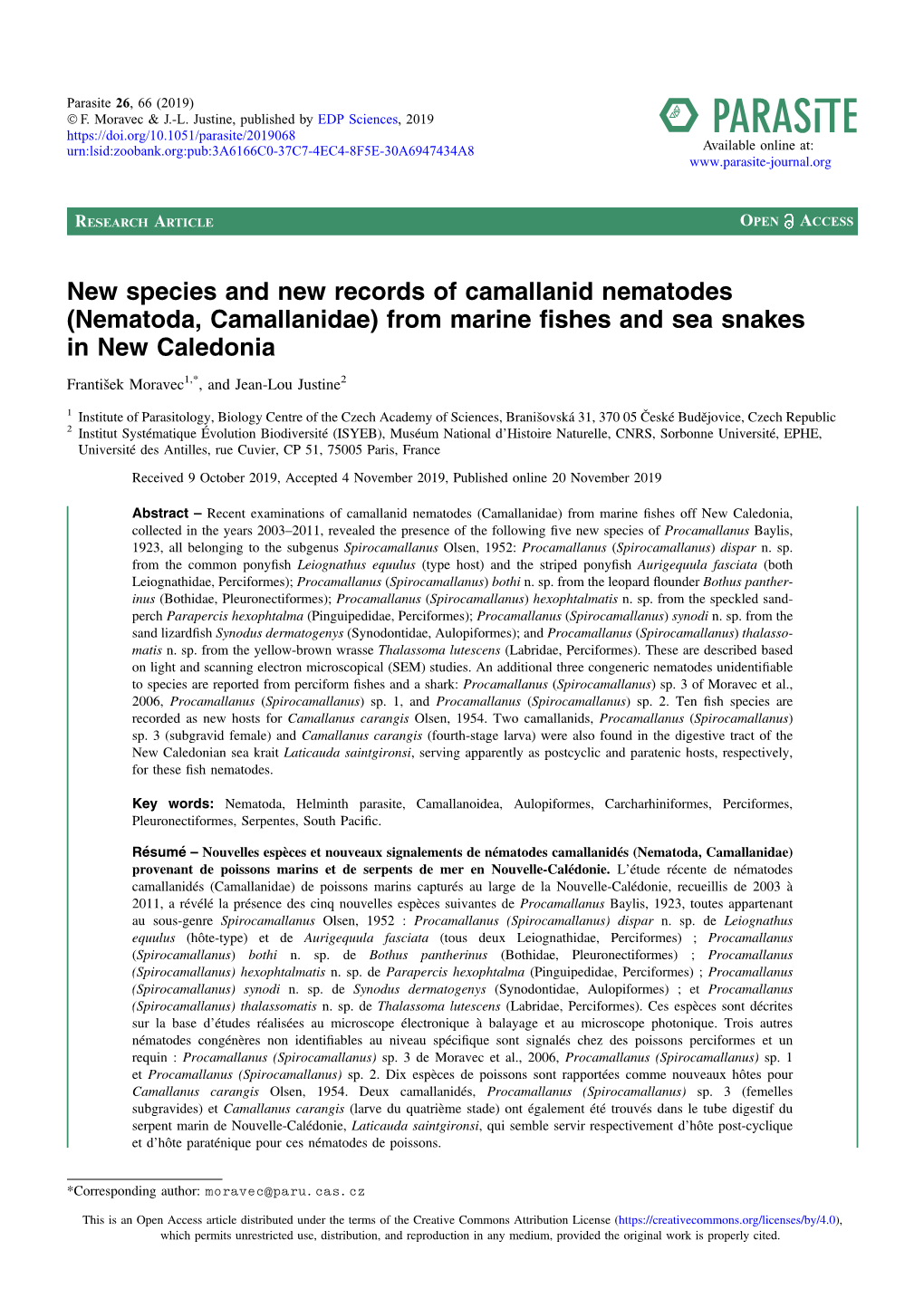 (Nematoda, Camallanidae) from Marine Fishes and Sea Snakes in New Caledonia