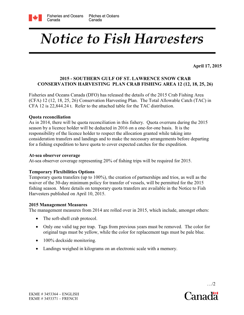 Notice to Fish Harvesters