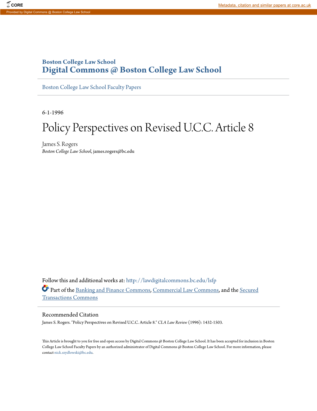 Policy Perspectives on Revised U.C.C. Article 8 James S