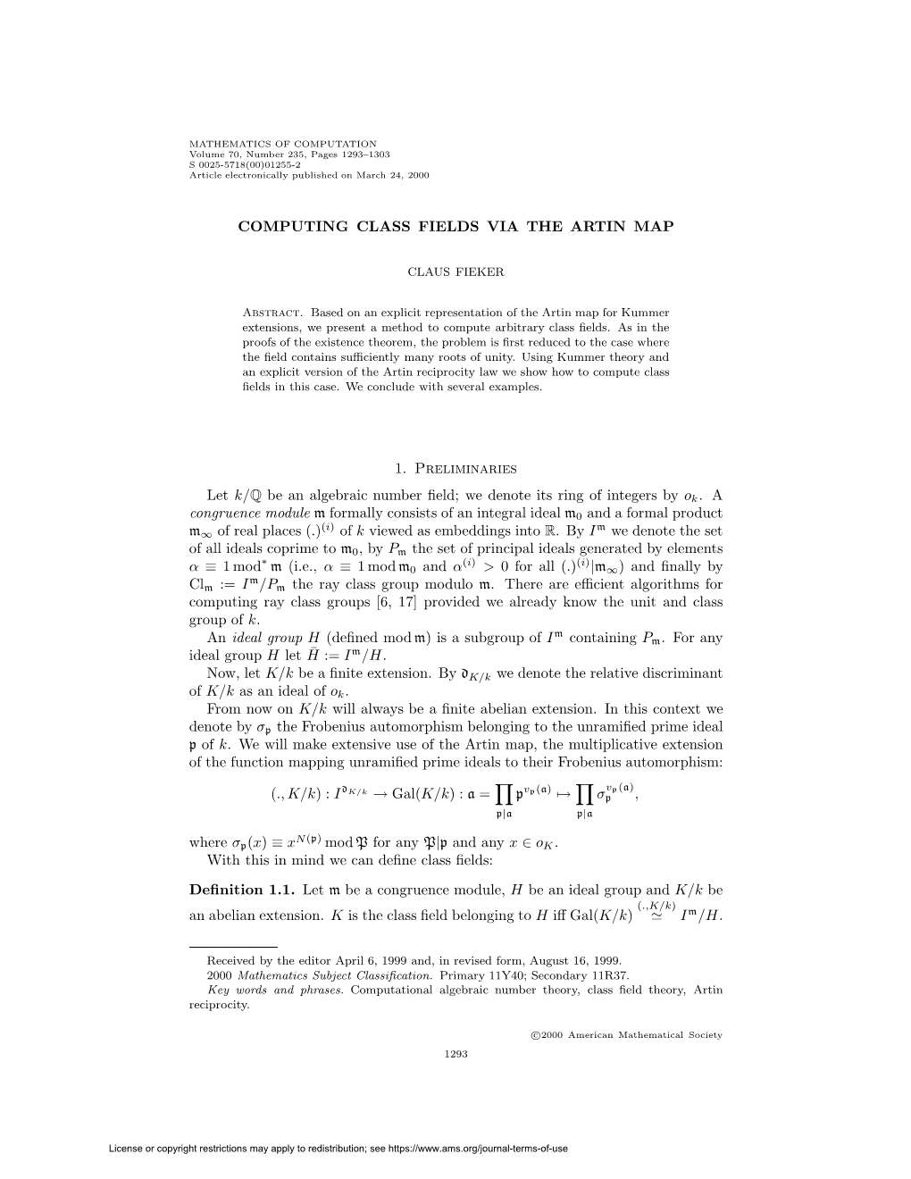 Computing Class Fields Via the Artin Map