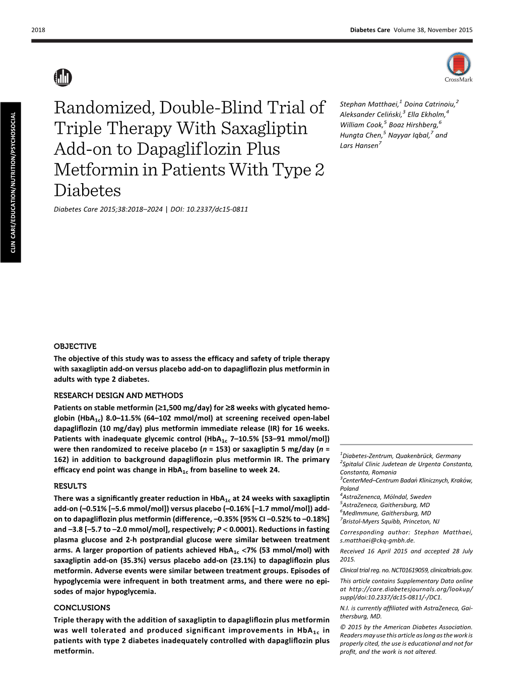 Randomized, Double-Blind Trial of Triple Therapy with Saxagliptin Add