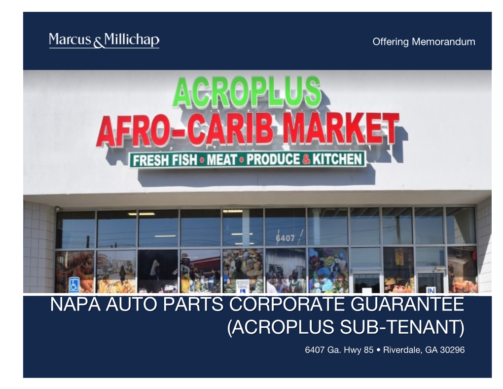 NAPA AUTO PARTS CORPORATE GUARANTEE (ACROPLUS SUB-TENANT) Riverdale, GA ACT ID Z0170198