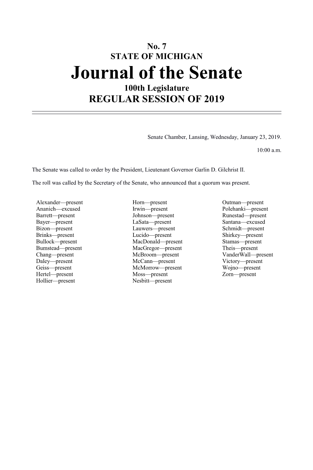 Journal of the Senate 100Th Legislature REGULAR SESSION of 2019