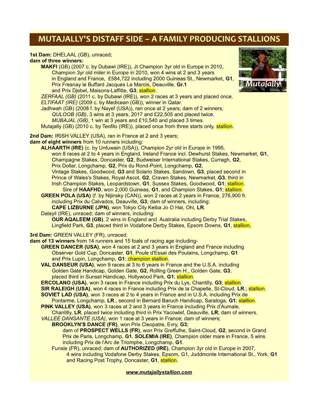 Mutajally's Distaff Side – a Family Producing Stallions