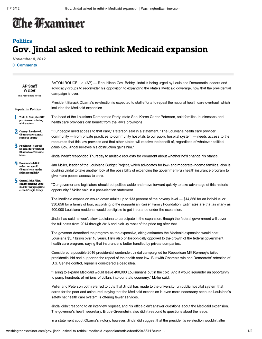 Gov. Jindal Asked to Rethink Medicaid Expansion | Washingtonexaminer.Com