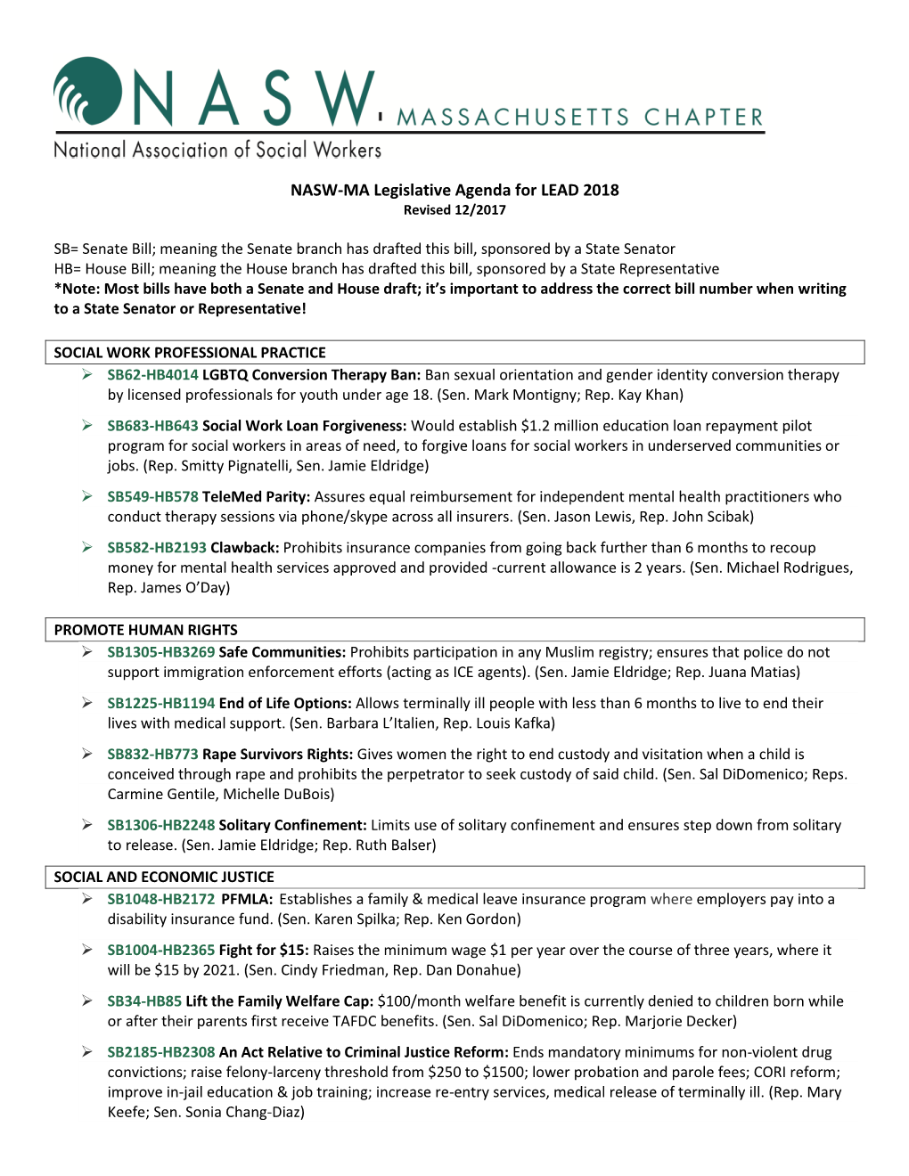 NASW-MA Legislative Agenda for LEAD 2018 Revised 12/2017