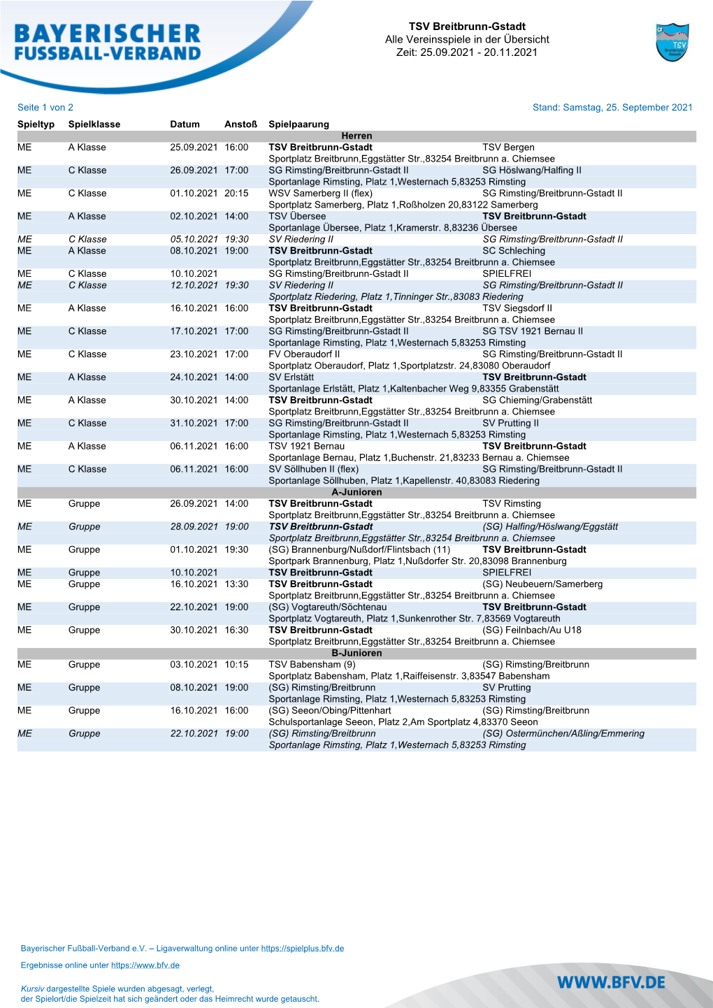 TSV Breitbrunn-Gstadt Alle Vereinsspiele in Der Übersicht Zeit: 25.09.2021 - 20.11.2021