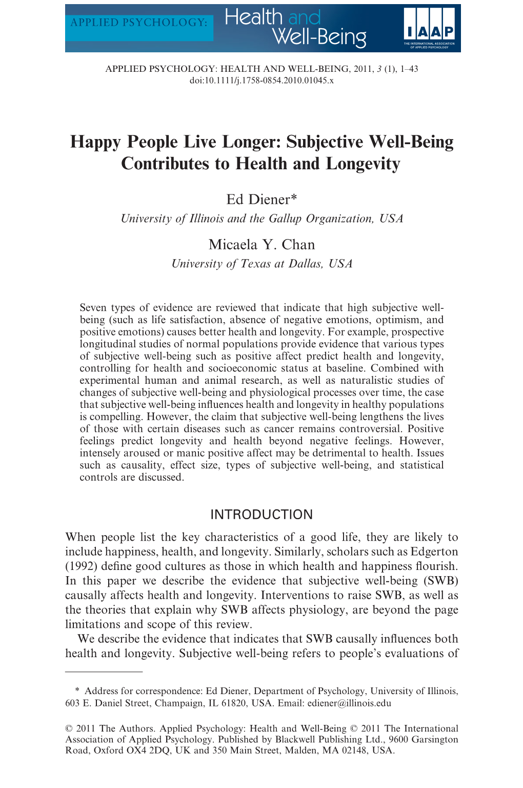 Subjective Well-Being Contributes to Health and Longevity